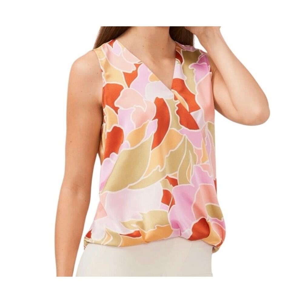 Halogen Canyon Sunset Abstract Floral Surplice Sleeveless Blouse Top Size L NWT